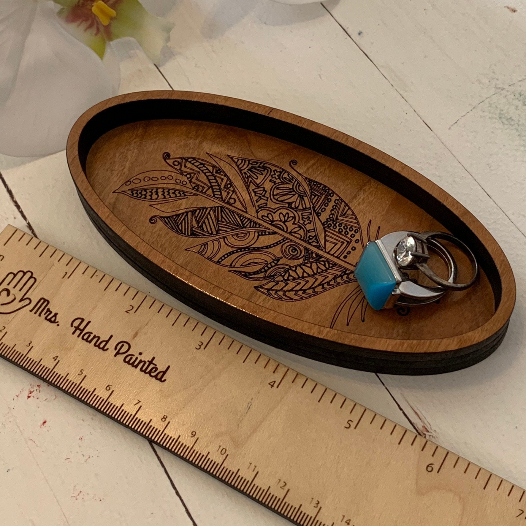 Laser Engraved Wood Boho Feather Oval Shaped Trinket Tray - Valet Tray / Ring Dish