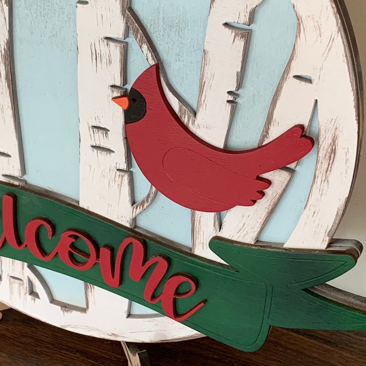 Laser Cut Wood Cardinal in Birch Trees Door Hanger Sign