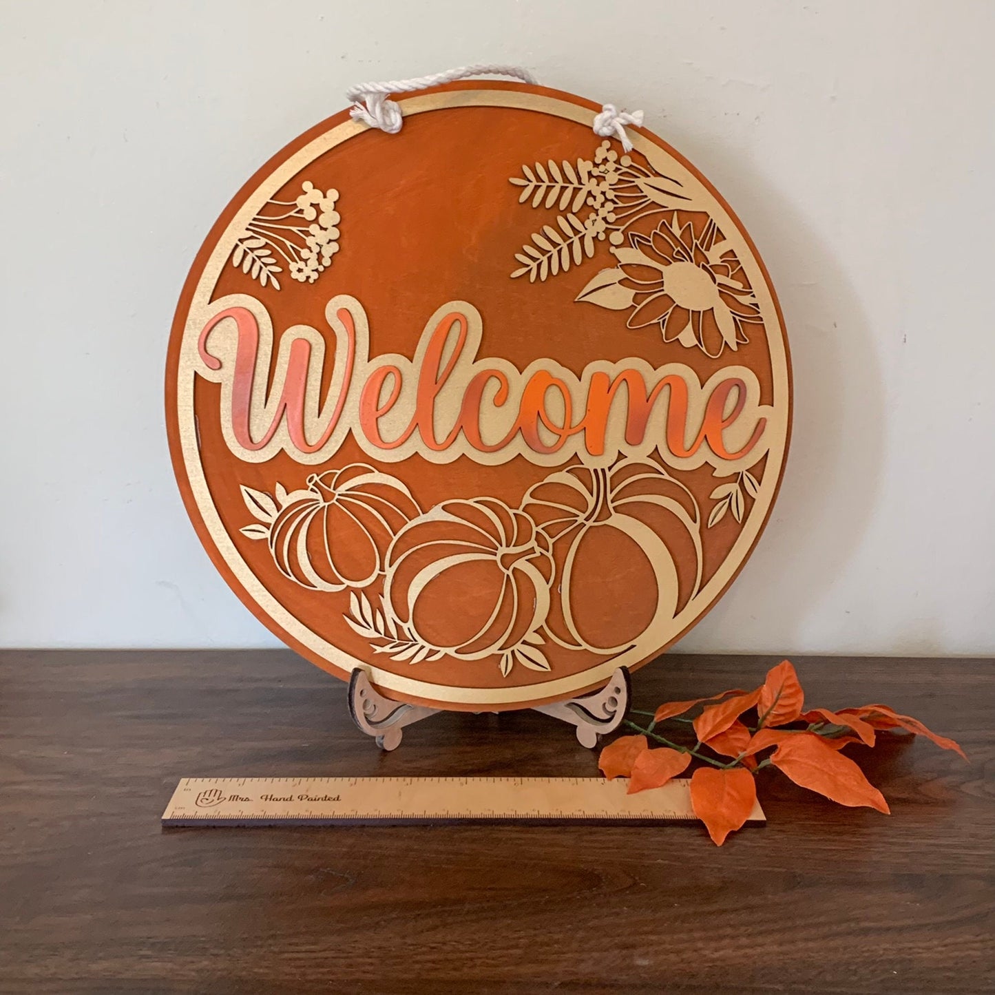 Laser Cut Wood Gold Pumpkin Wreath Welcome Sign - Fall Door Hanger