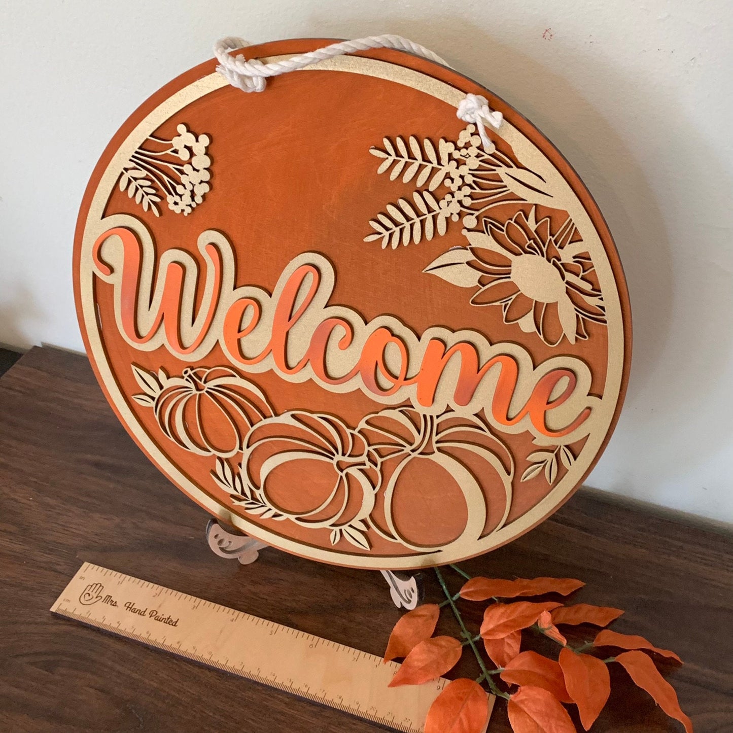 Laser Cut Wood Gold Pumpkin Wreath Welcome Sign - Fall Door Hanger