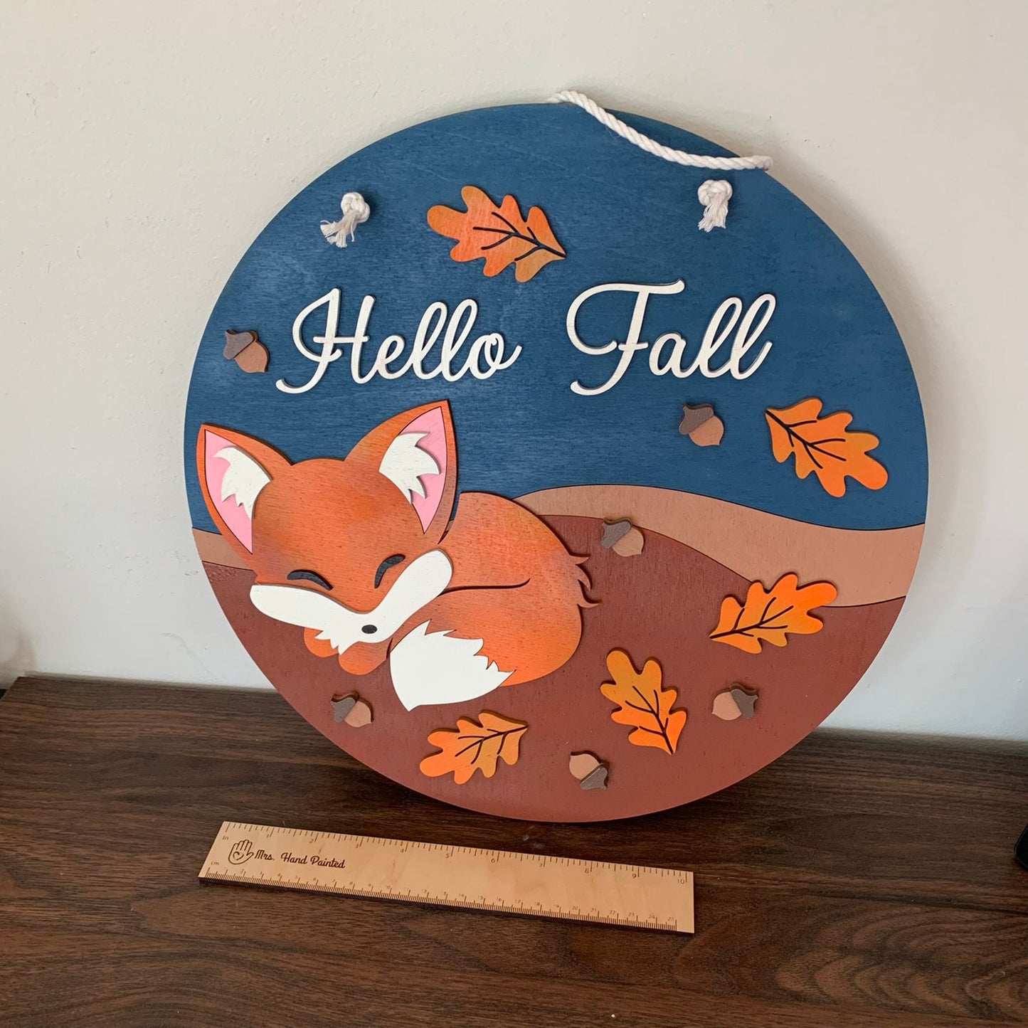 Laser Cut Wood Hello Fall with Sleeping Fox - Fall Door Hanger Sign