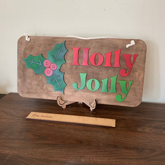 Laser Cut Wood Retro Holly Jolly with Holly Christmas Door Hanger Sign