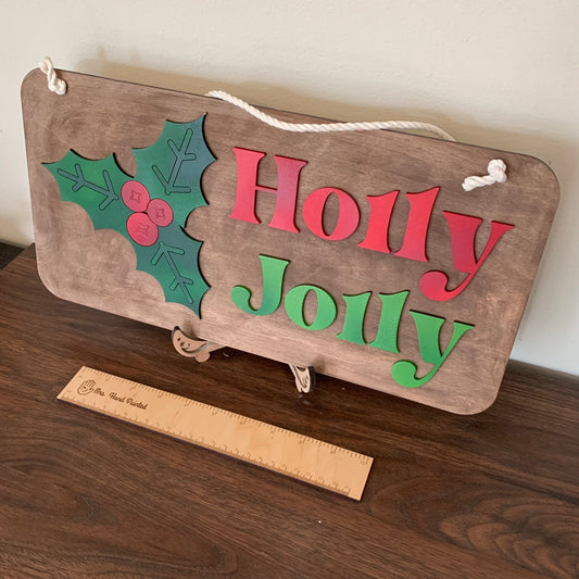Laser Cut Wood Retro Holly Jolly with Holly Christmas Door Hanger Sign