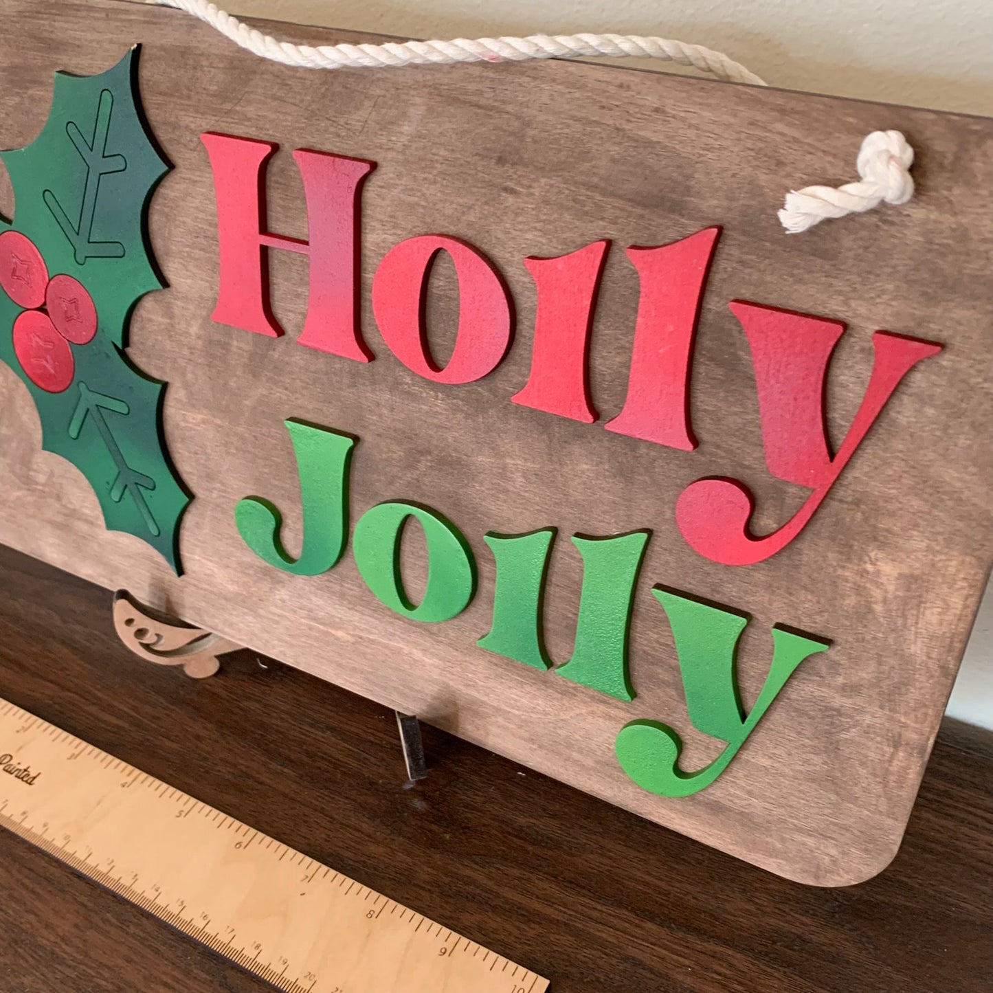 Laser Cut Wood Retro Holly Jolly with Holly Christmas Door Hanger Sign