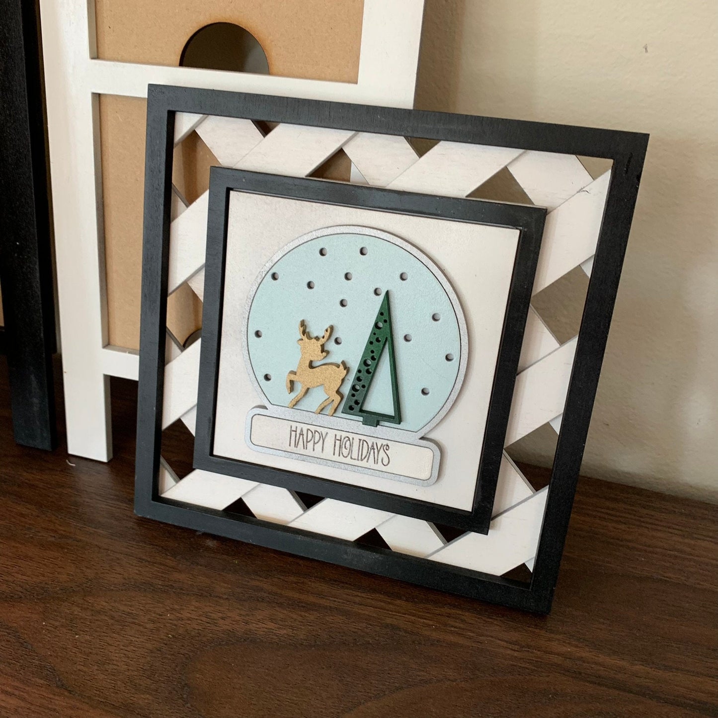 Christmas Holly, Candy Cane, Poinsettia and Snow Globe Interchangeable Signs - Laser Cut Wood Painted