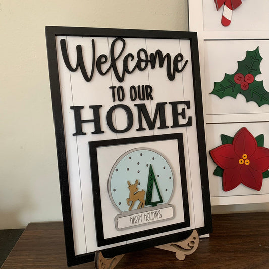 Christmas Holly, Candy Cane, Poinsettia and Snow Globe Interchangeable Signs - Laser Cut Wood Painted