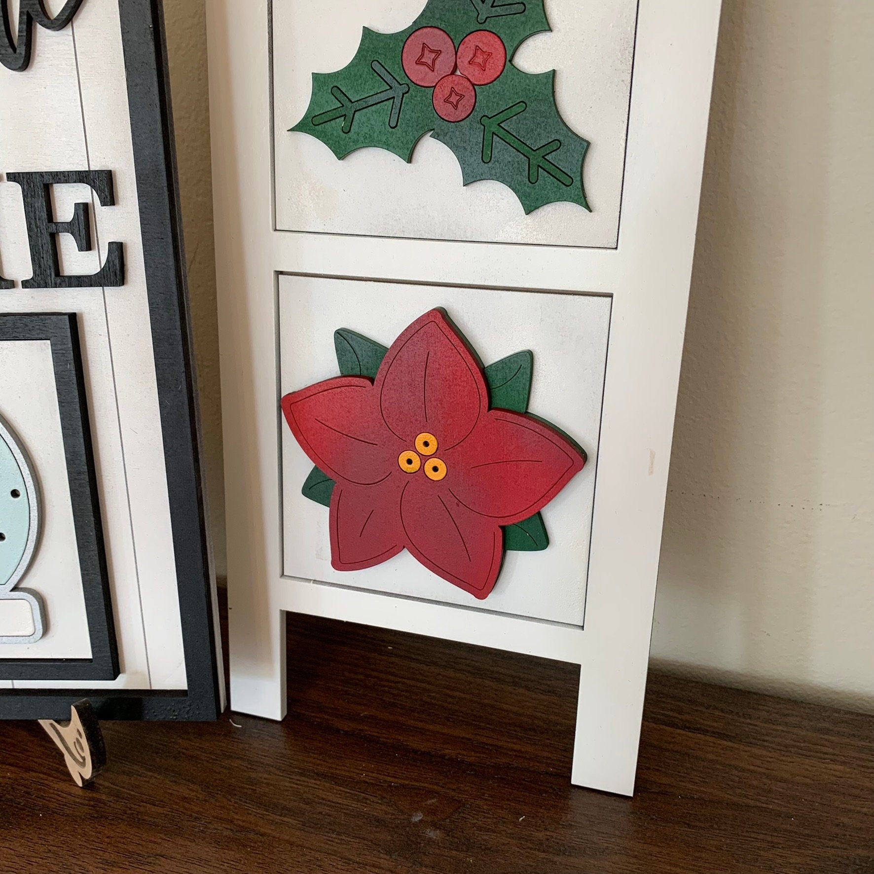 Christmas Holly, Candy Cane, Poinsettia and Snow Globe Interchangeable Signs - Laser Cut Wood Painted