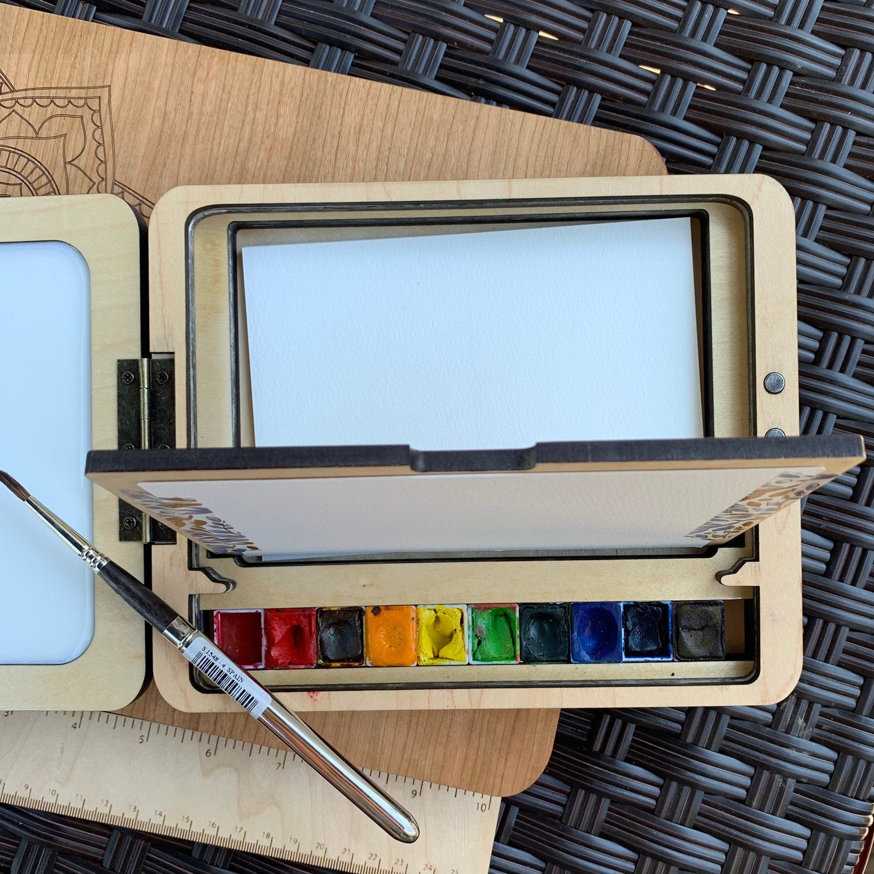 Postcard Size Wood Plein Air Pochade Watercolor Box with Personalization