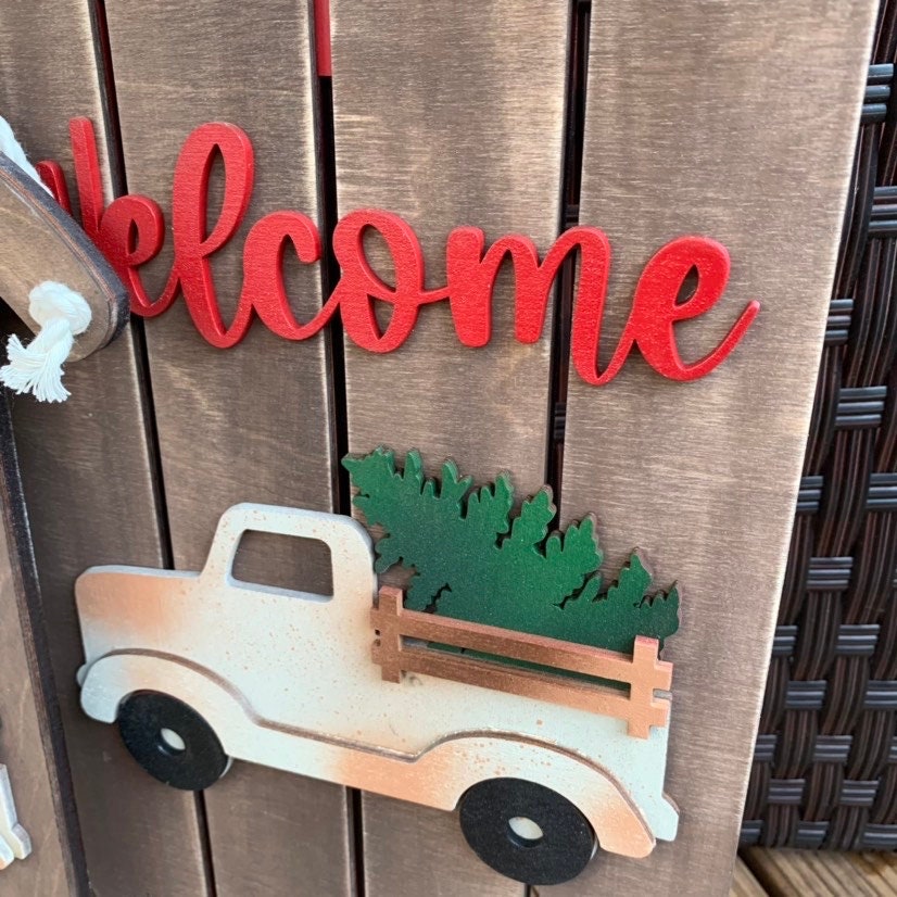 Wood Vintage Truck with Christmas Tree Sled Sign
