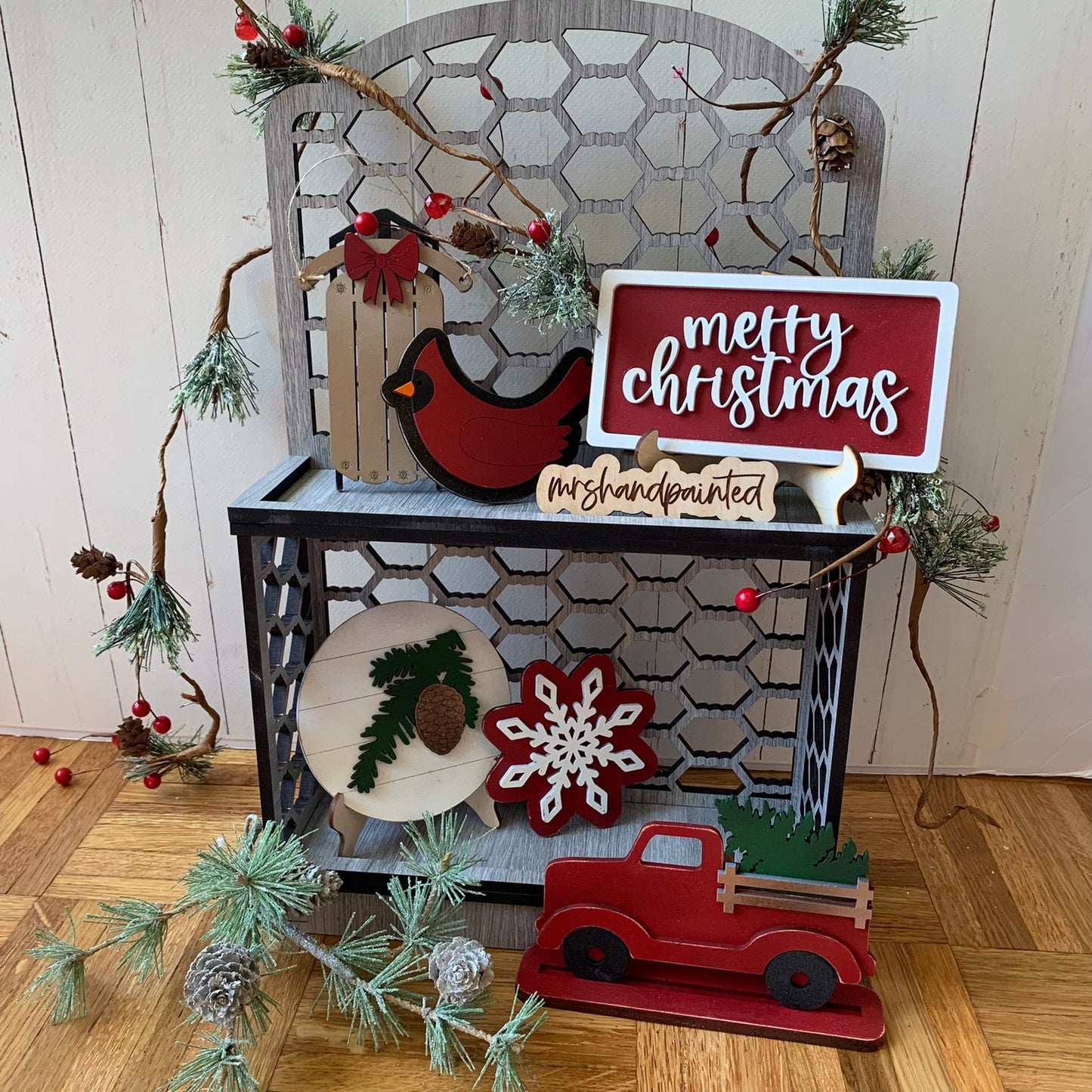 Farmhouse Christmas Tiered Tray Decor - Laser Cut Wood Painted