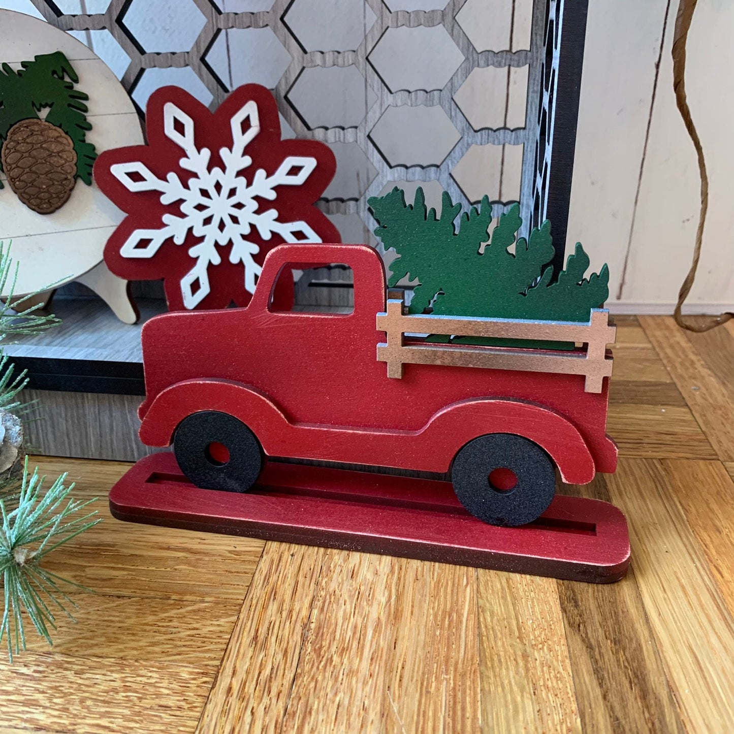 Farmhouse Christmas Tiered Tray Decor - Laser Cut Wood Painted