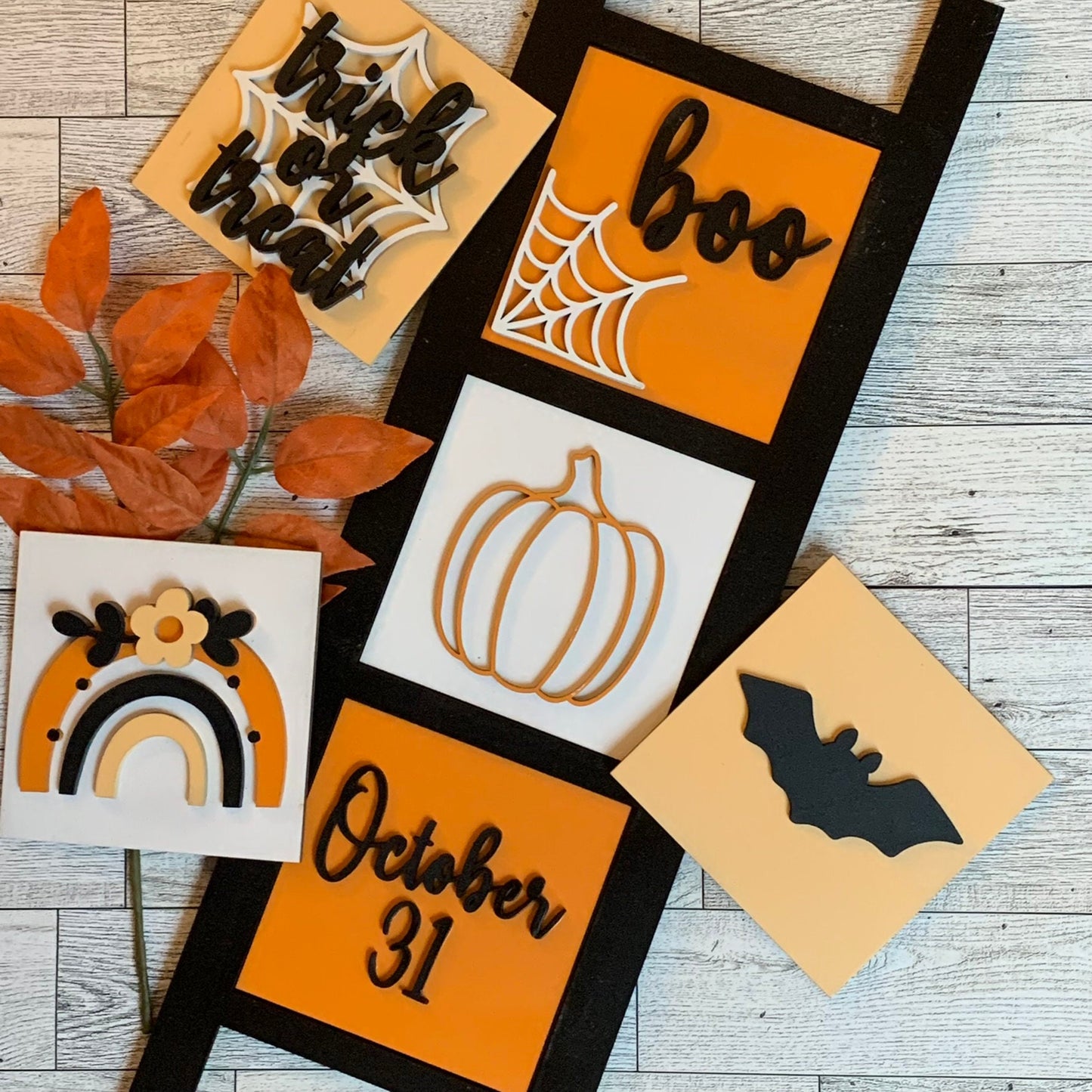 Boho Halloween Leaning Ladder Interchangeable Signs - Laser Cut Wood Painted