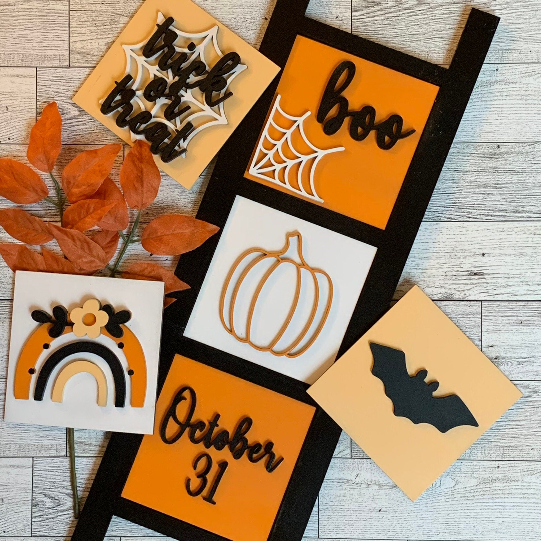 Boho Halloween Leaning Ladder Interchangeable Signs - Laser Cut Wood Painted