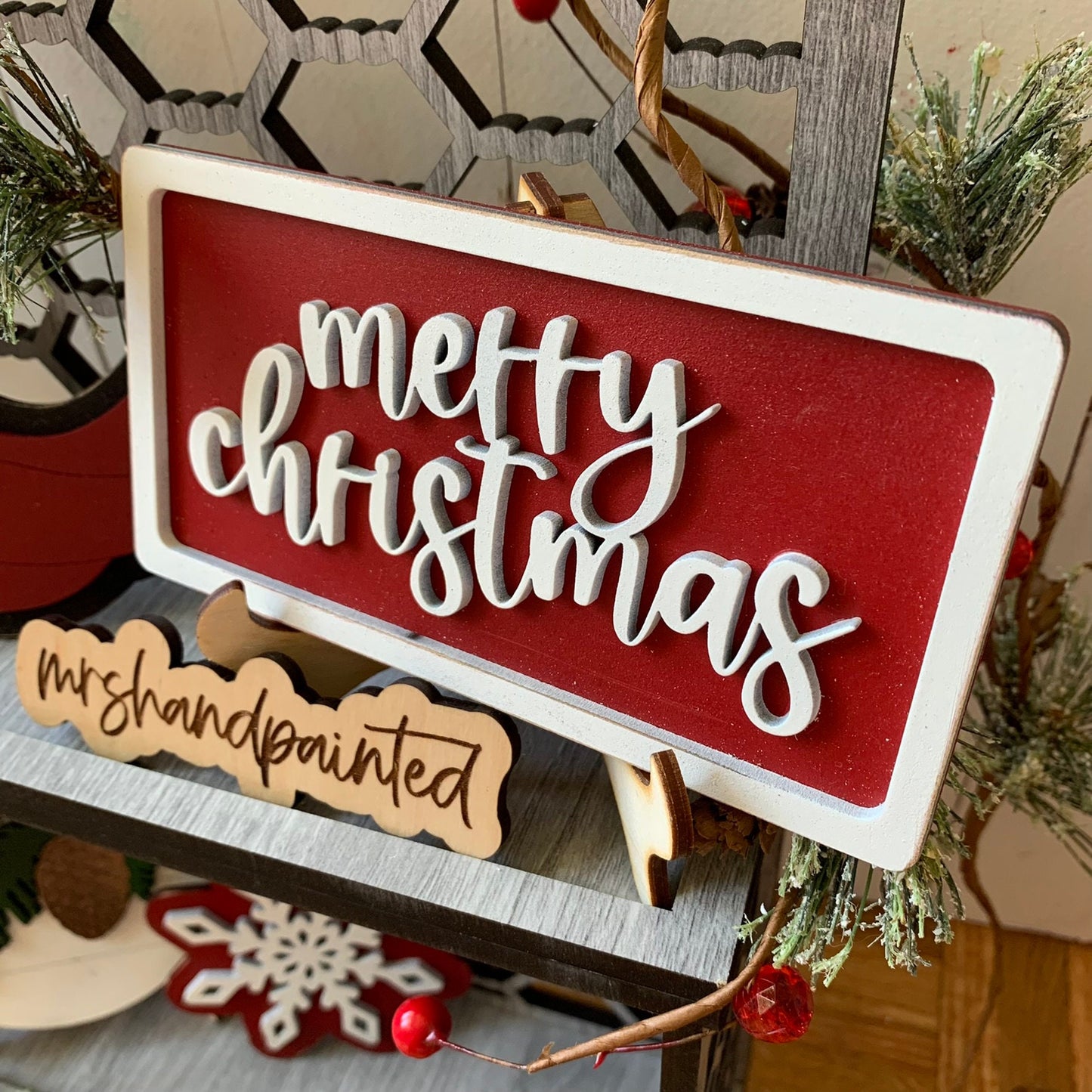 Farmhouse Christmas Tiered Tray Decor - Laser Cut Wood Painted