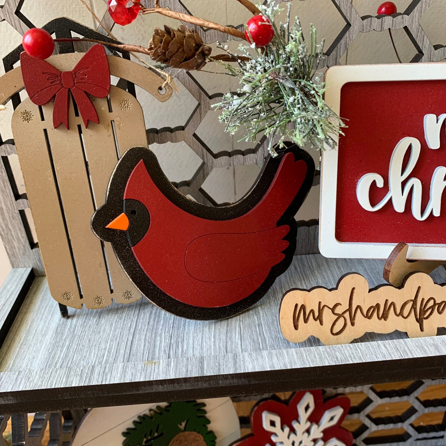 Farmhouse Christmas Tiered Tray Decor - Laser Cut Wood Painted