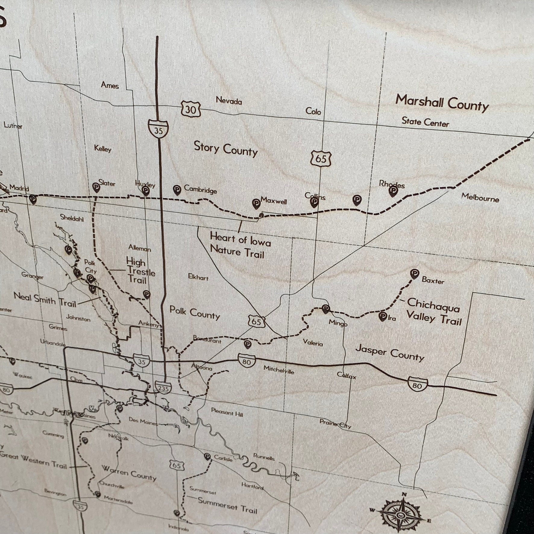 Central Iowa Bike Trails Map - Laser Engraved Wall Hanging