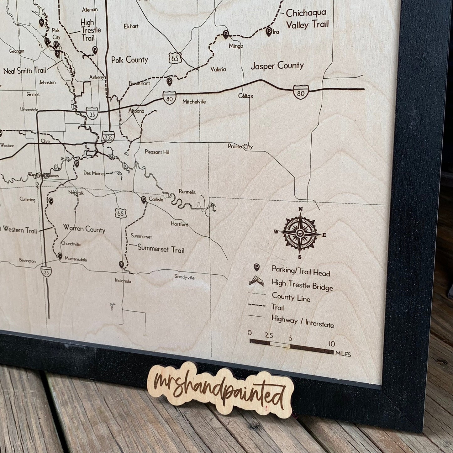 Central Iowa Bike Trails Map - Laser Engraved Wall Hanging