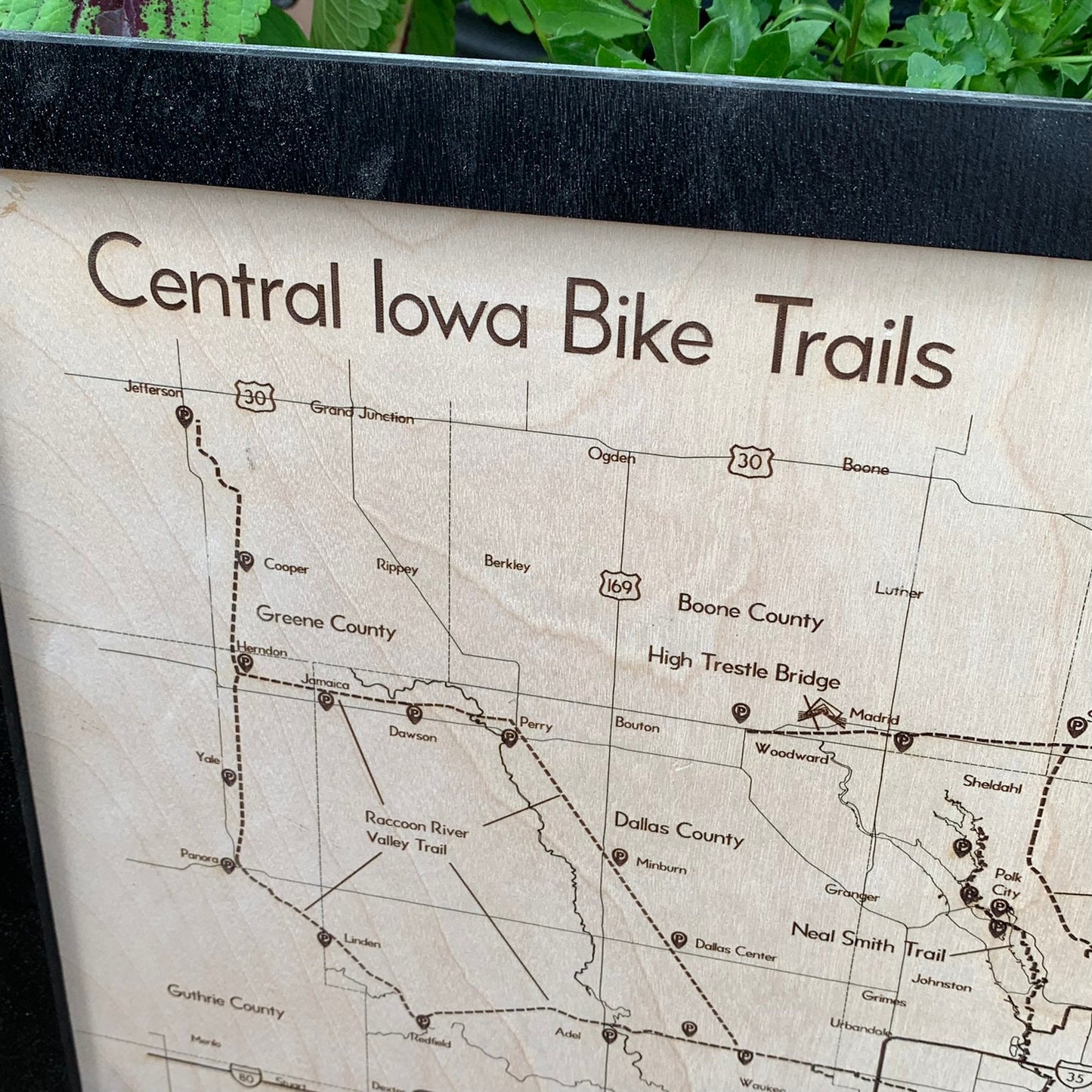 Central Iowa Bike Trails Map - Laser Engraved Wall Hanging