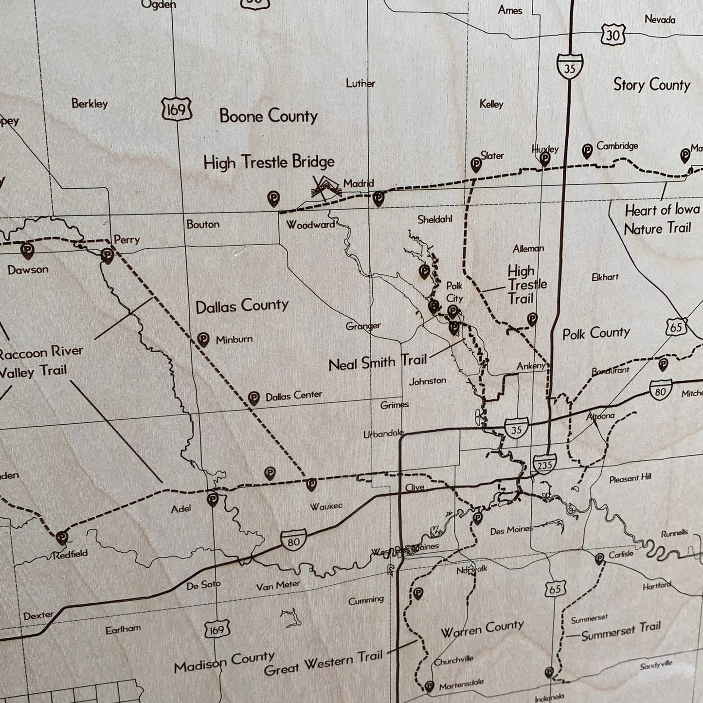 Central Iowa Bike Trails Map - Laser Engraved Wall Hanging