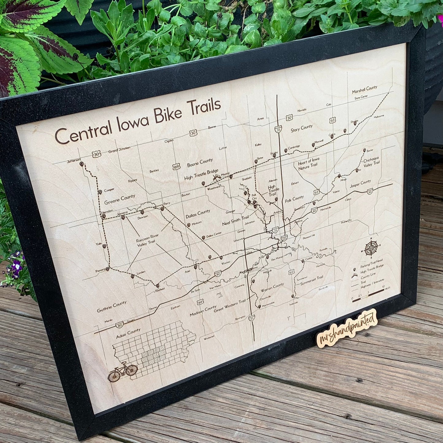 Central Iowa Bike Trails Map - Laser Engraved Wall Hanging