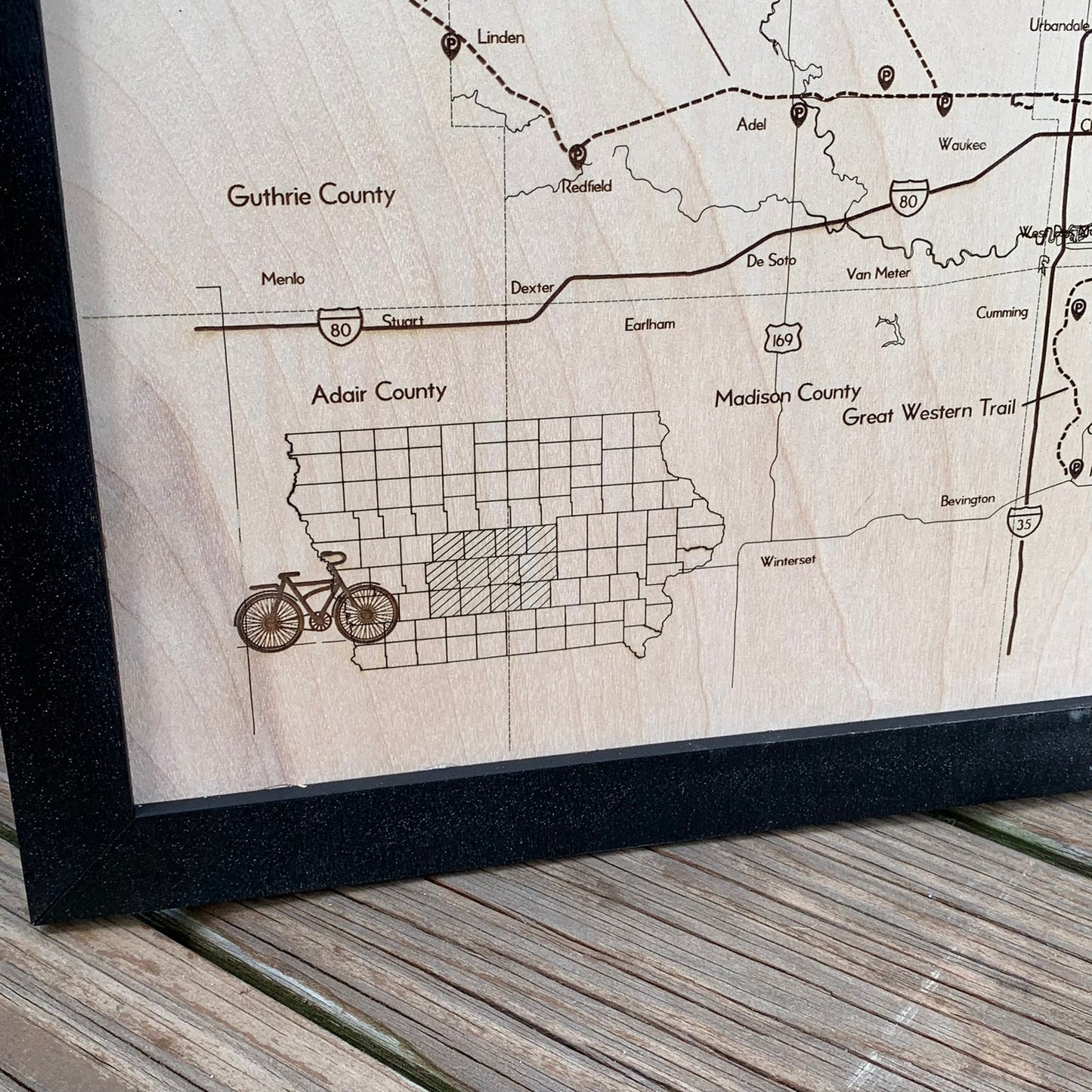 Central Iowa Bike Trails Map - Laser Engraved Wall Hanging