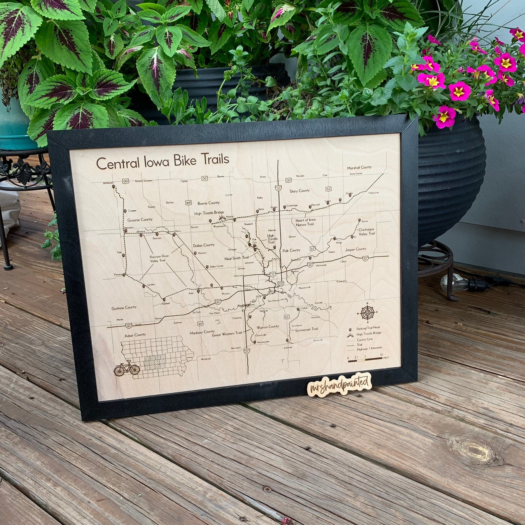 Central Iowa Bike Trails Map - Laser Engraved Wall Hanging