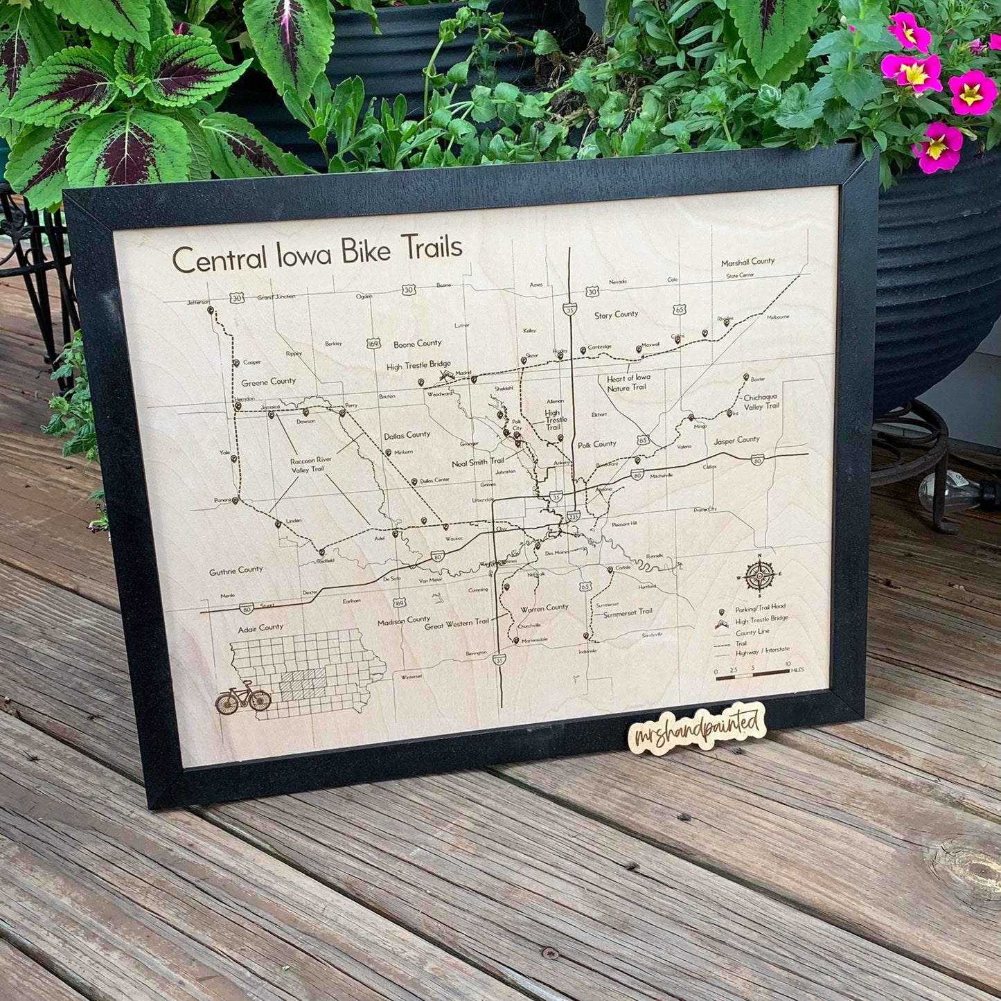 Central Iowa Bike Trails Map - Laser Engraved Wall Hanging