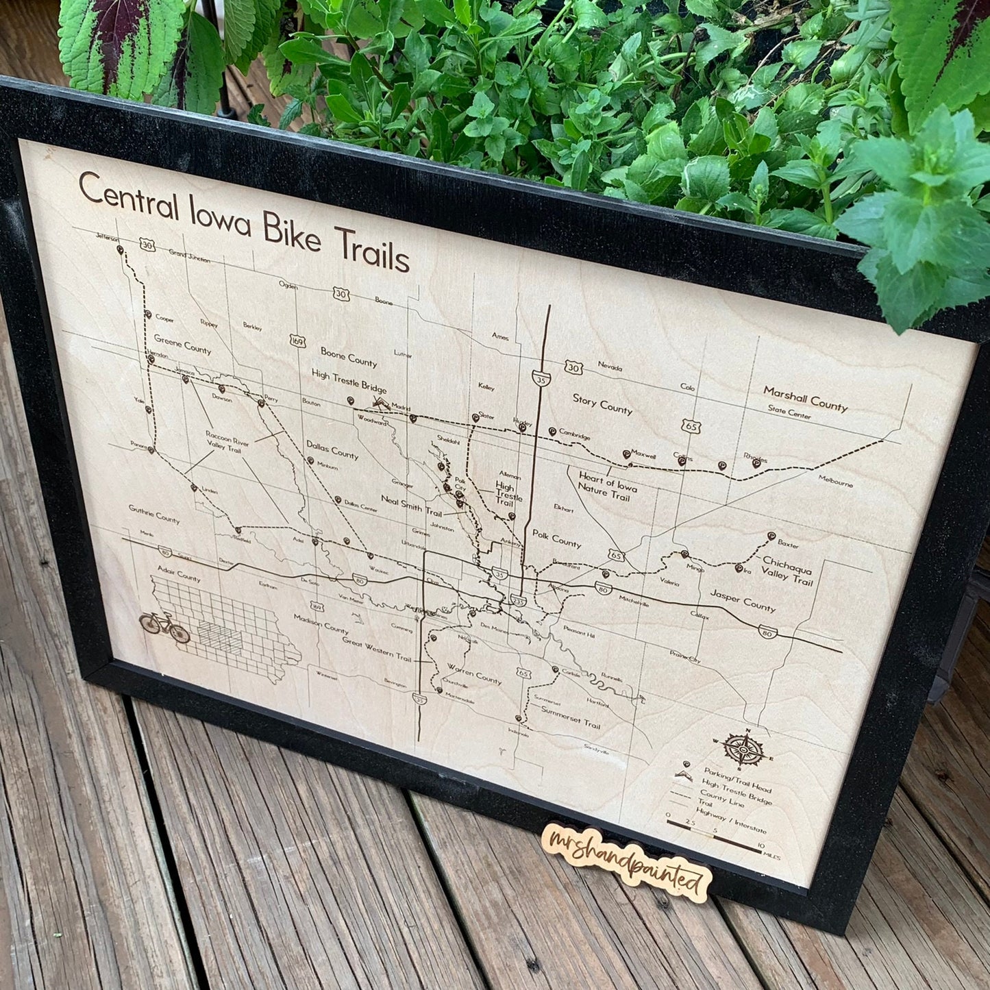 Central Iowa Bike Trails Map - Laser Engraved Wall Hanging