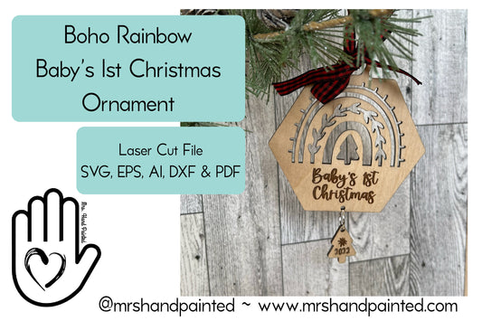 Digital Cut File - Laser Cut Ornament - Boho Rainbow Baby's 1st Christmas