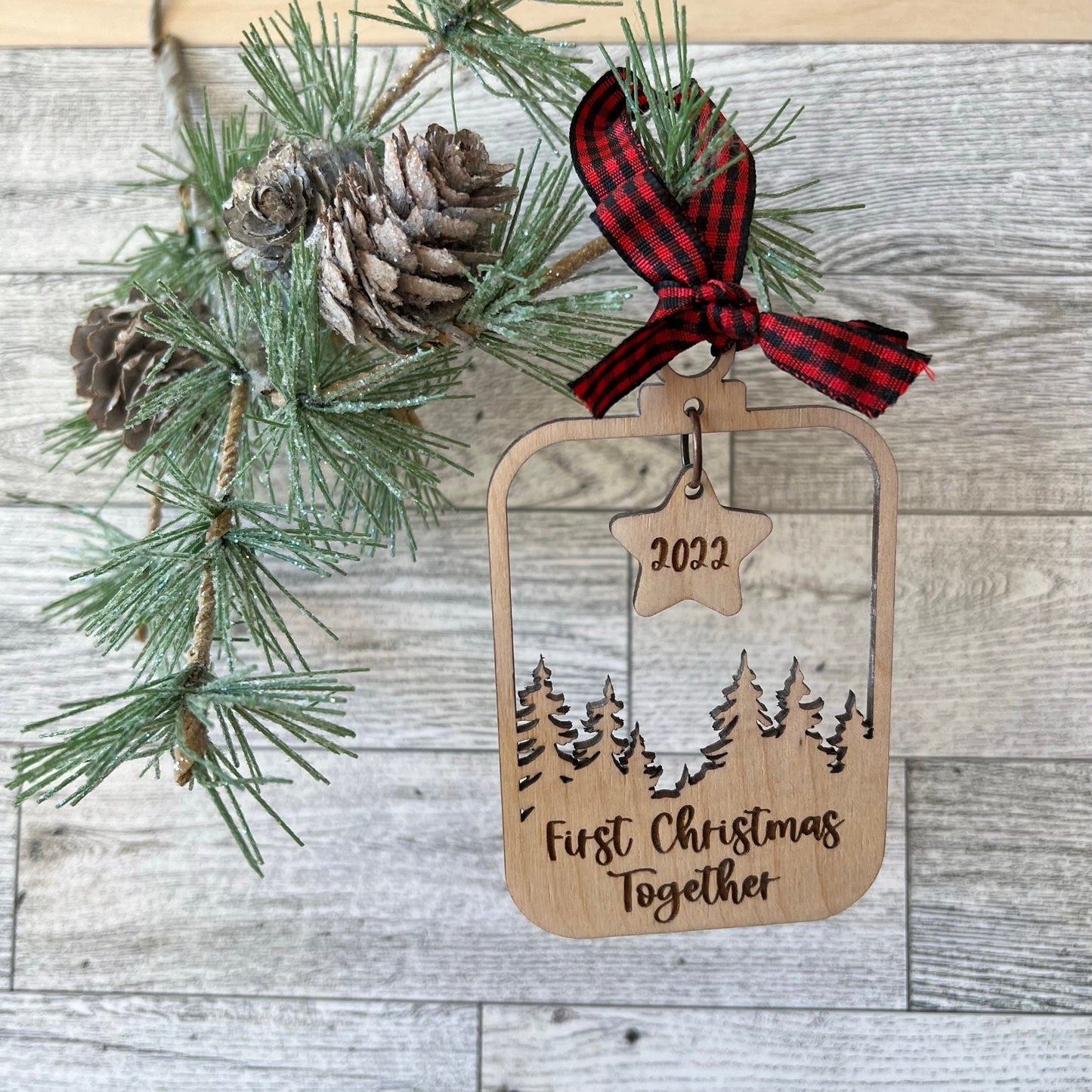 Personalized Woodland Star Dangle Laser Cut Wood Christmas Ornament