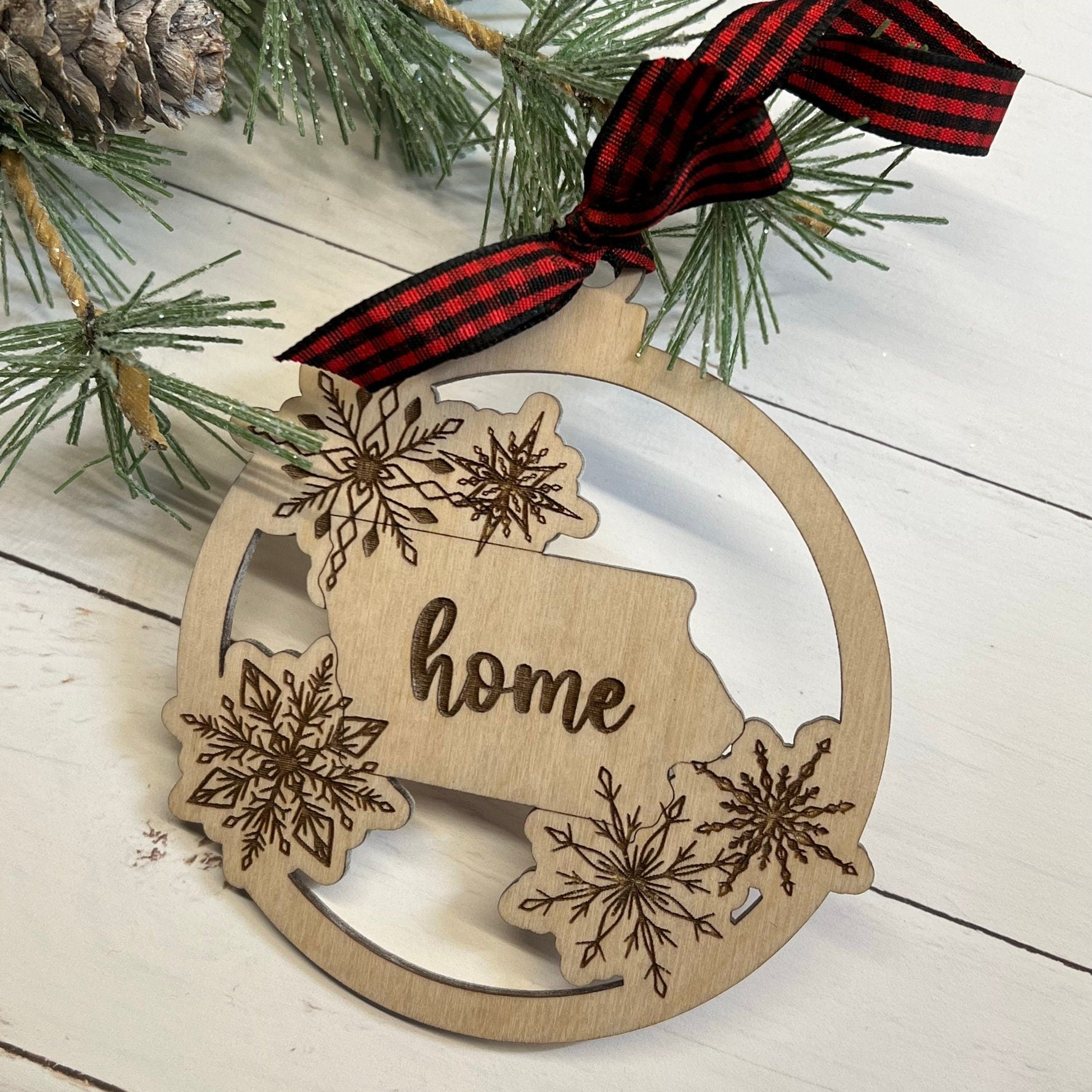 Iowa "home" Christmas Ornament with Snowflakes Laser Engraved Wood