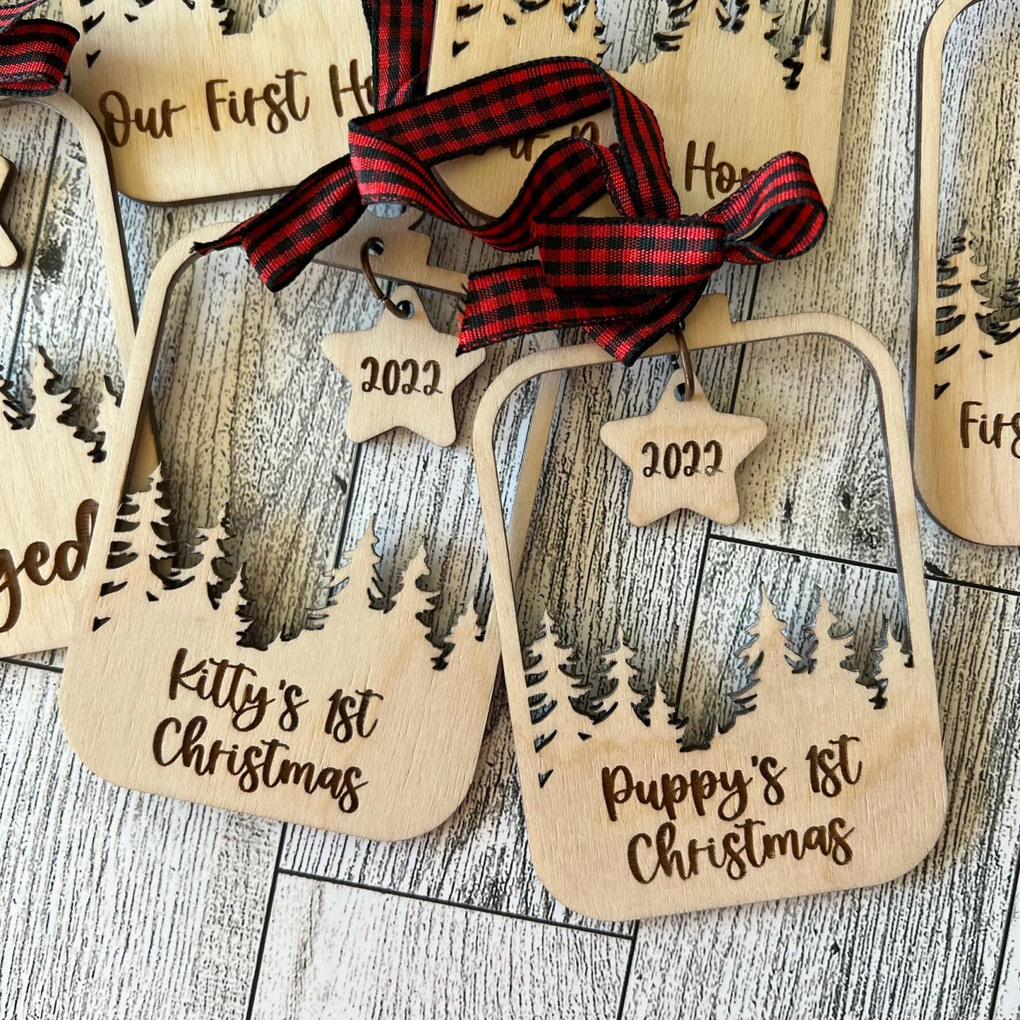 Personalized Woodland Star Dangle Laser Cut Wood Christmas Ornament