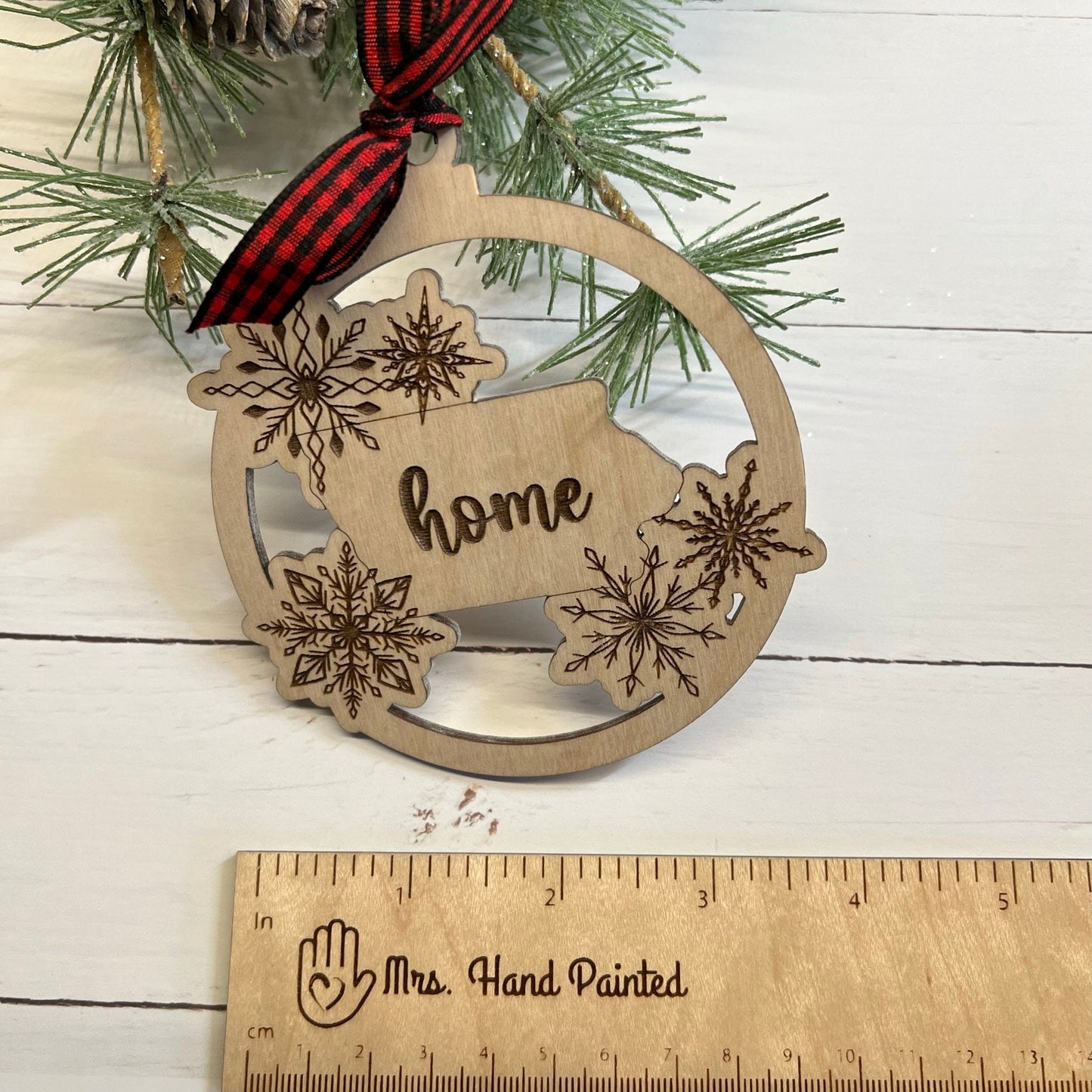 Iowa "home" Christmas Ornament with Snowflakes Laser Engraved Wood