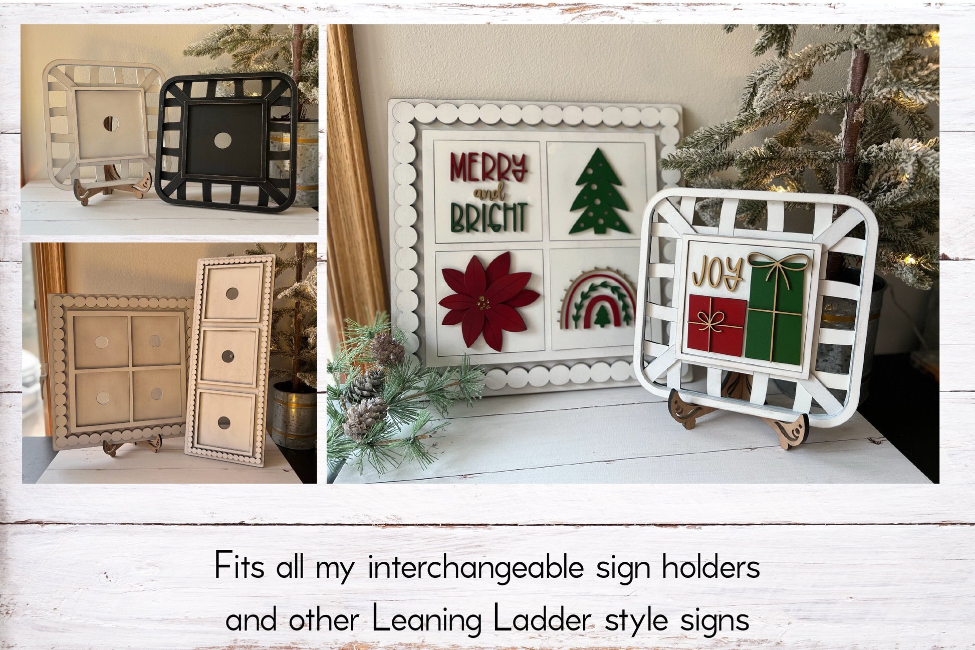 Merry & Bright Boho Christmas Leaning Ladder Interchangeable Signs - Laser Cut Wood Painted