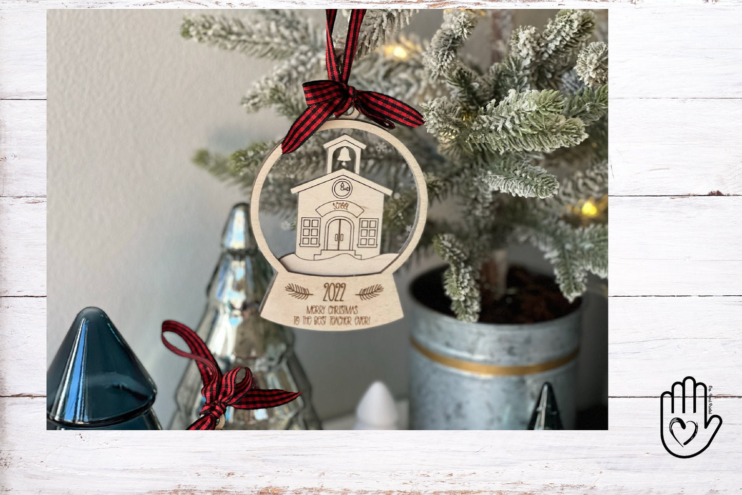 School Snow Globe Ornament Laser Cut Wood and Acrylic Personalized Teacher Gift