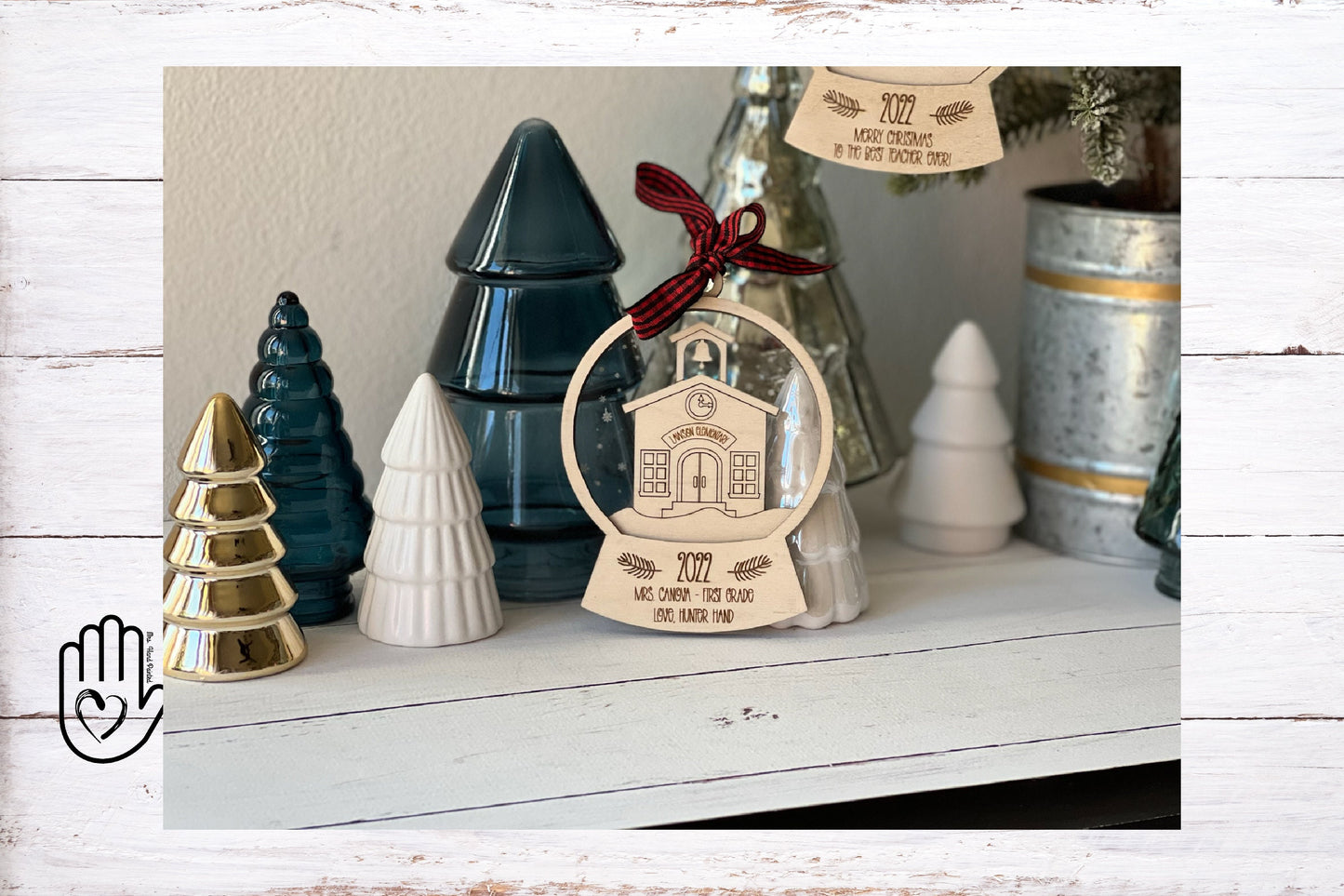 School Snow Globe Ornament Laser Cut Wood and Acrylic Personalized Teacher Gift