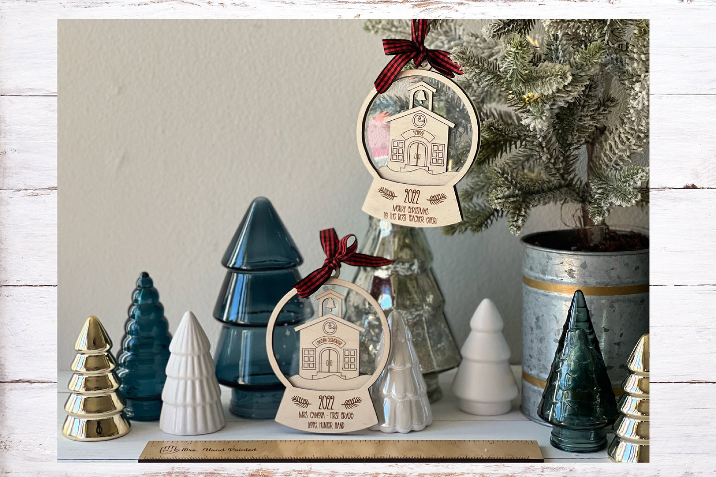 School Snow Globe Ornament Laser Cut Wood and Acrylic Personalized Teacher Gift