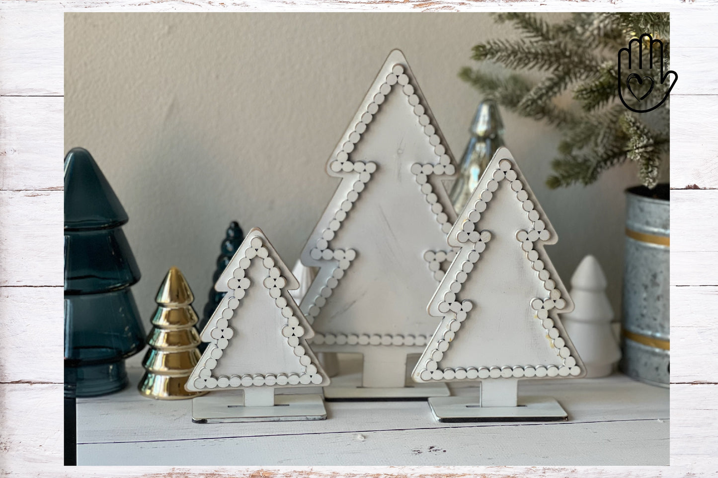 Farmhouse Style Faux Bead Trim Standing Trees - Set of 3