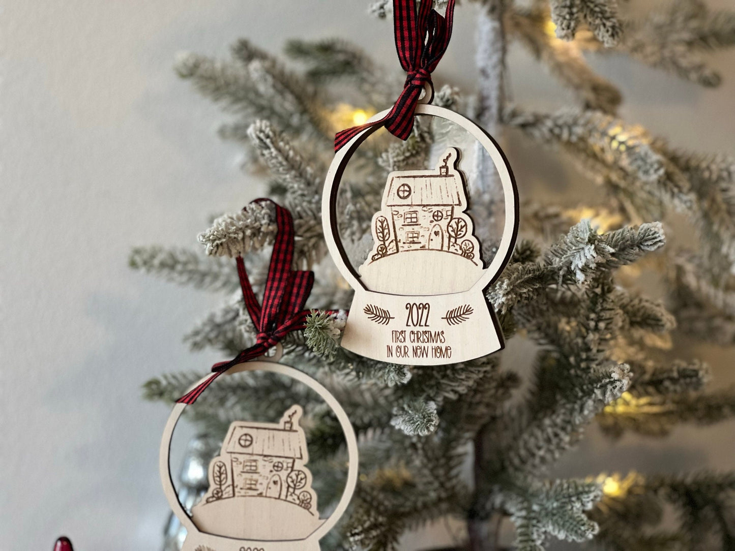 Doodle House Snow Globe Ornament Laser Cut Wood and Acrylic Personalized New Home or Realtor Gift