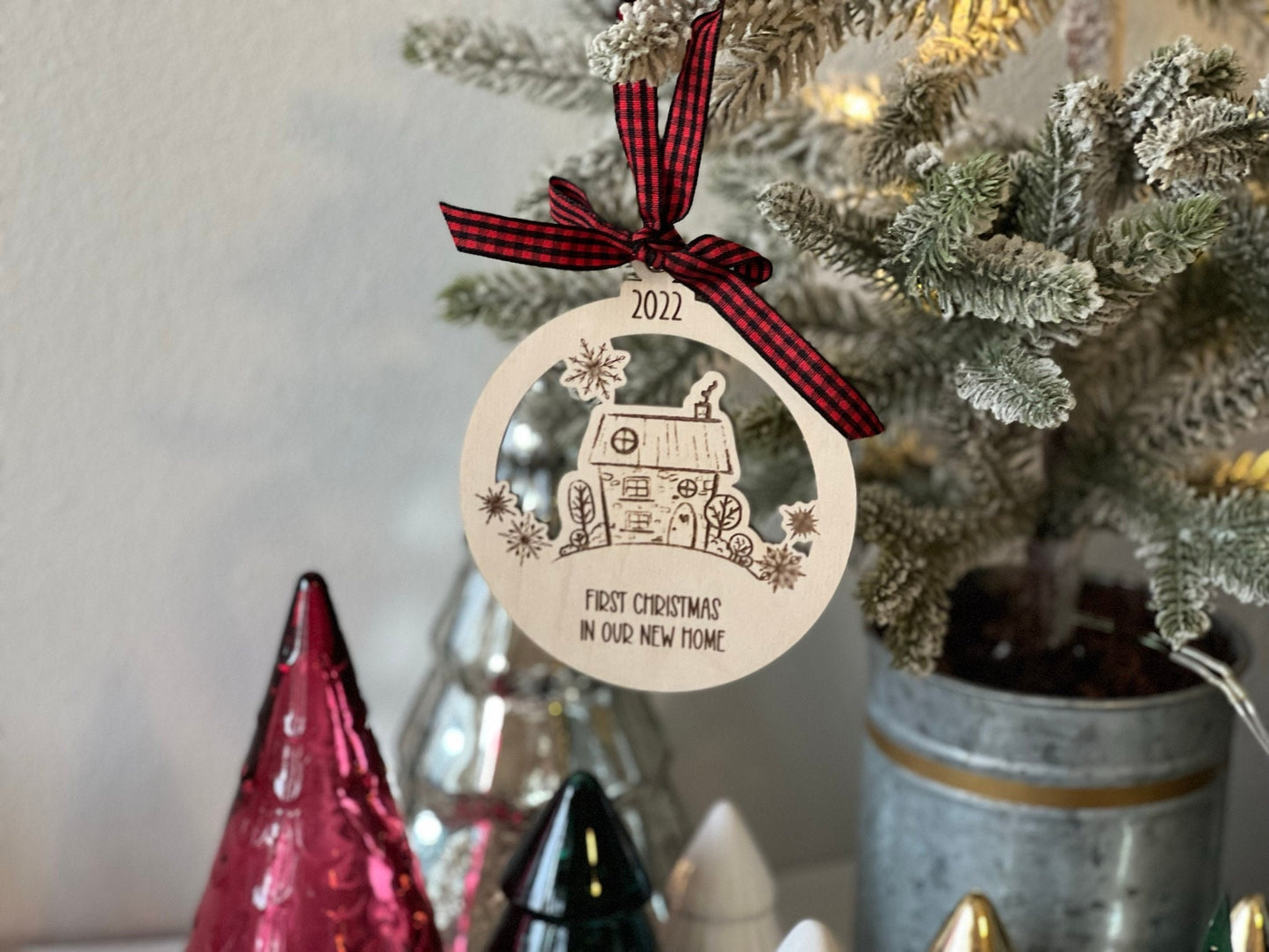 House Doodle Personalized Christmas Ornament with Snowflakes Laser Engraved Wood