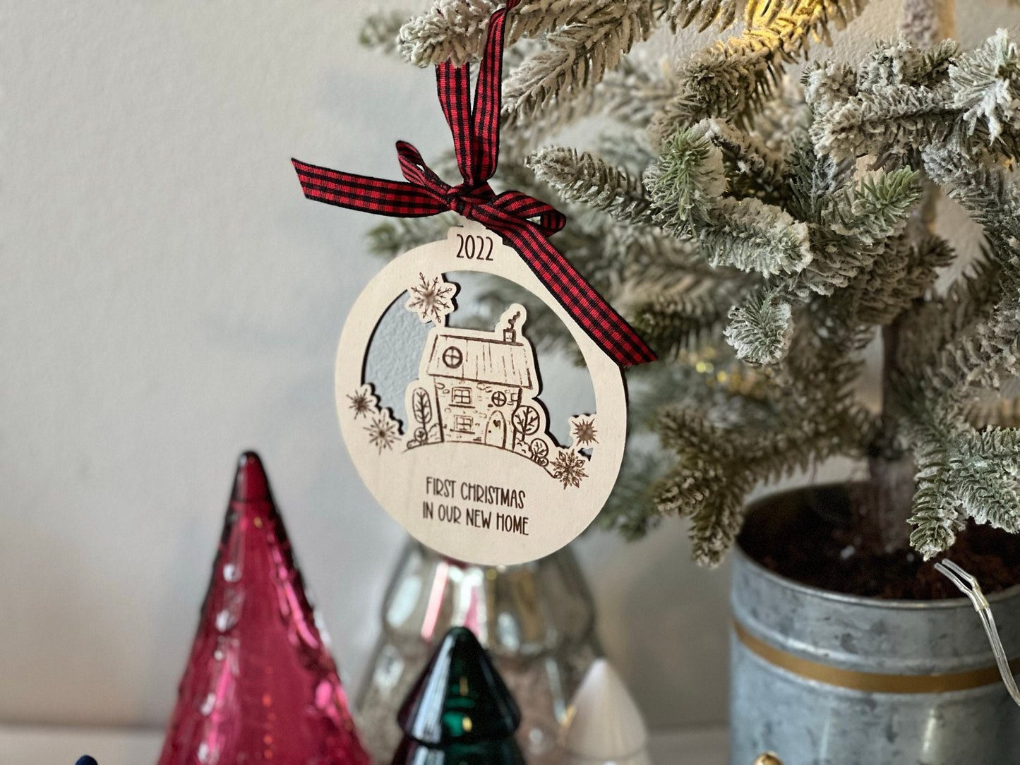 House Doodle Personalized Christmas Ornament with Snowflakes Laser Engraved Wood