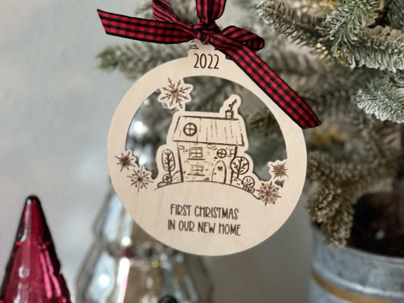 House Doodle Personalized Christmas Ornament with Snowflakes Laser Engraved Wood