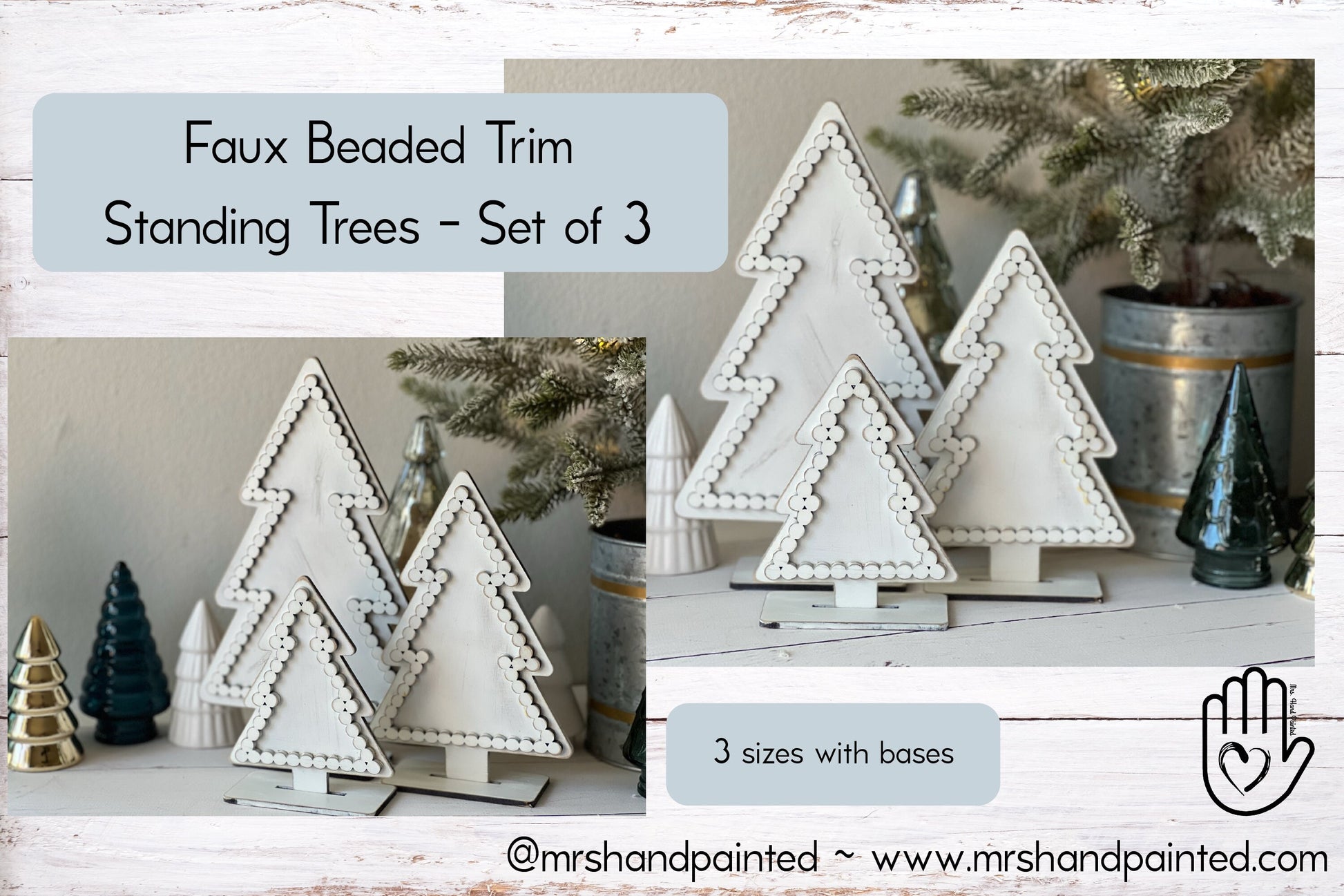 Farmhouse Style Faux Bead Trim Standing Trees - Set of 3