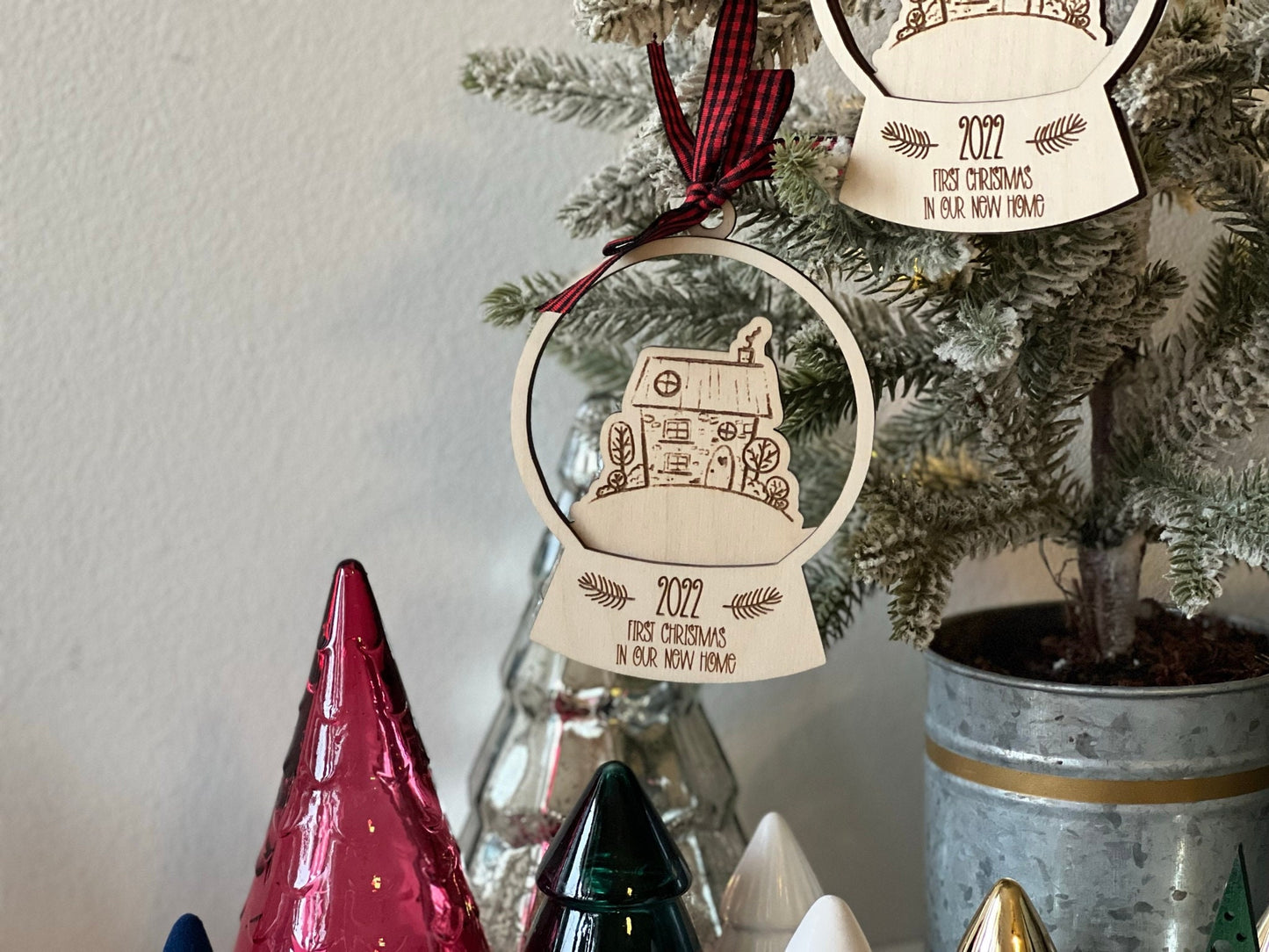 Doodle House Snow Globe Ornament Laser Cut Wood and Acrylic Personalized New Home or Realtor Gift