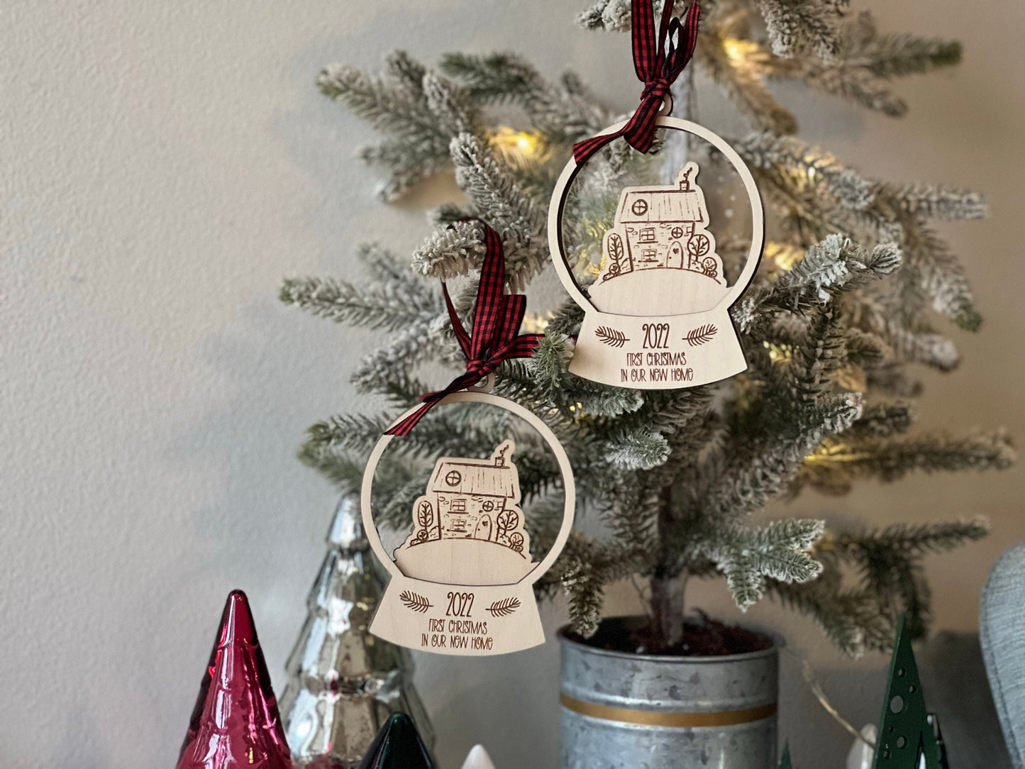 Doodle House Snow Globe Ornament Laser Cut Wood and Acrylic Personalized New Home or Realtor Gift