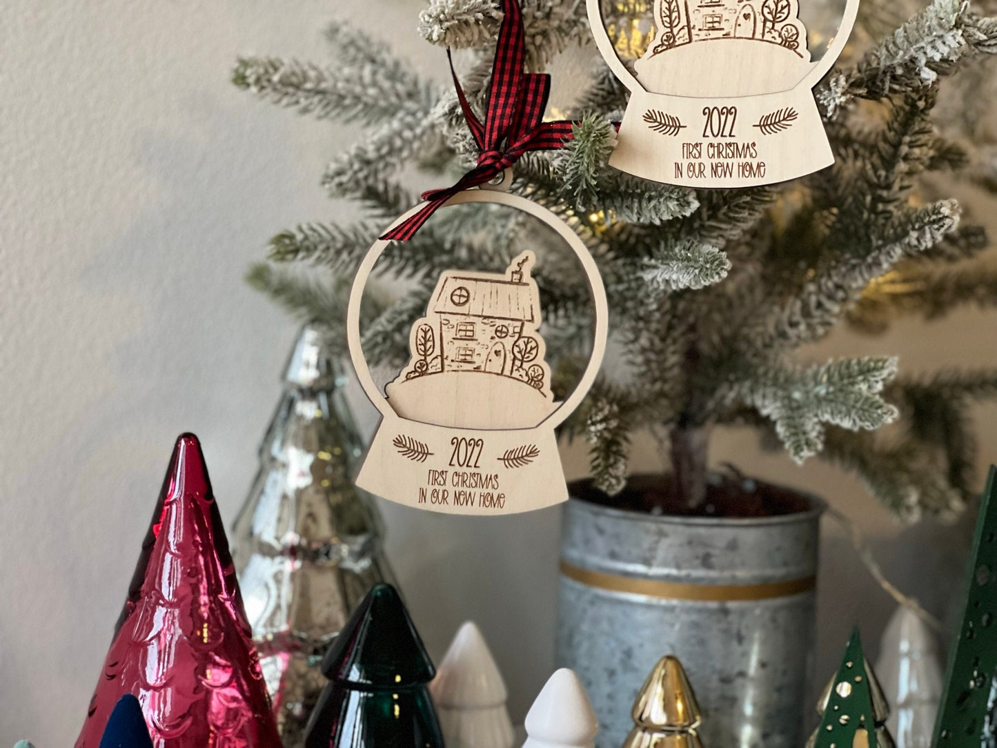 Doodle House Snow Globe Ornament Laser Cut Wood and Acrylic Personalized New Home or Realtor Gift