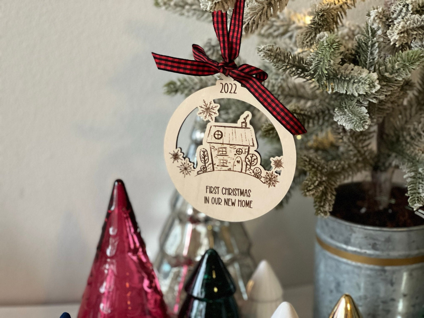 House Doodle Personalized Christmas Ornament with Snowflakes Laser Engraved Wood