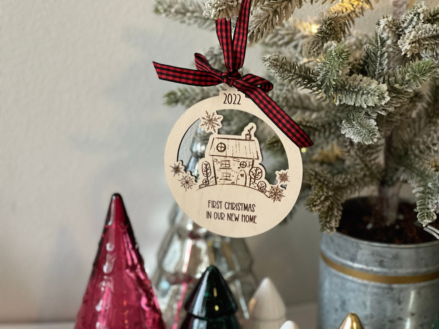 House Doodle Personalized Christmas Ornament with Snowflakes Laser Engraved Wood