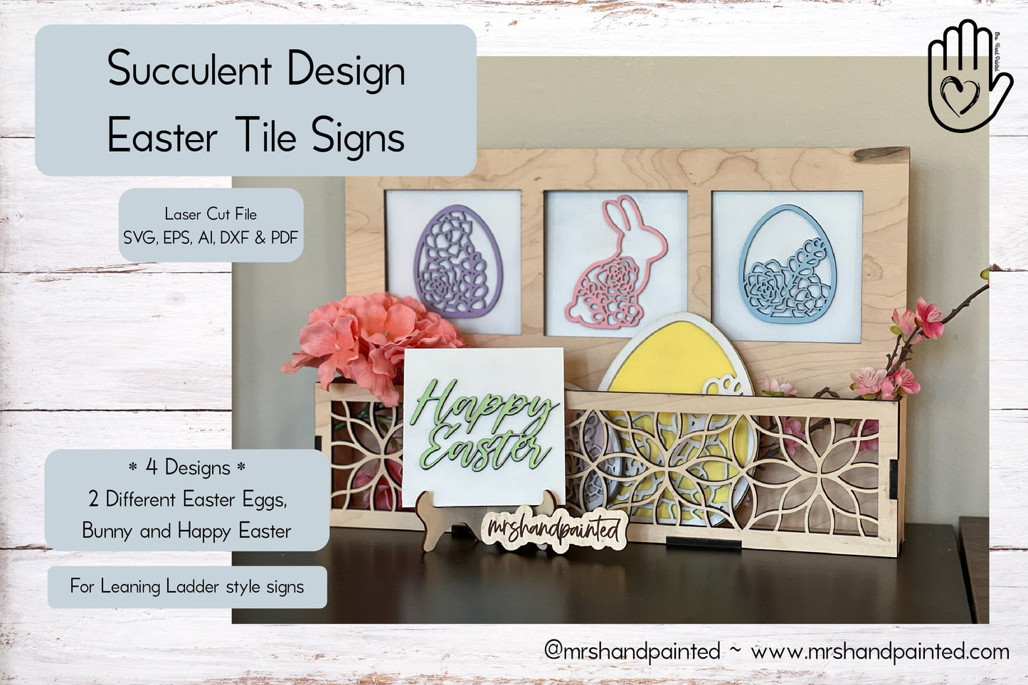 Laser Cut File - Succulents Easter Sign Tiles - Leaning Ladder Signs - Digital Download SVG, DXF, AI files