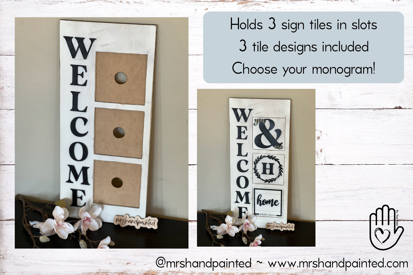 Welcome 3 Slot Interchangeable Sign Backer with 3 tiles - Laser Cut Wood Painted